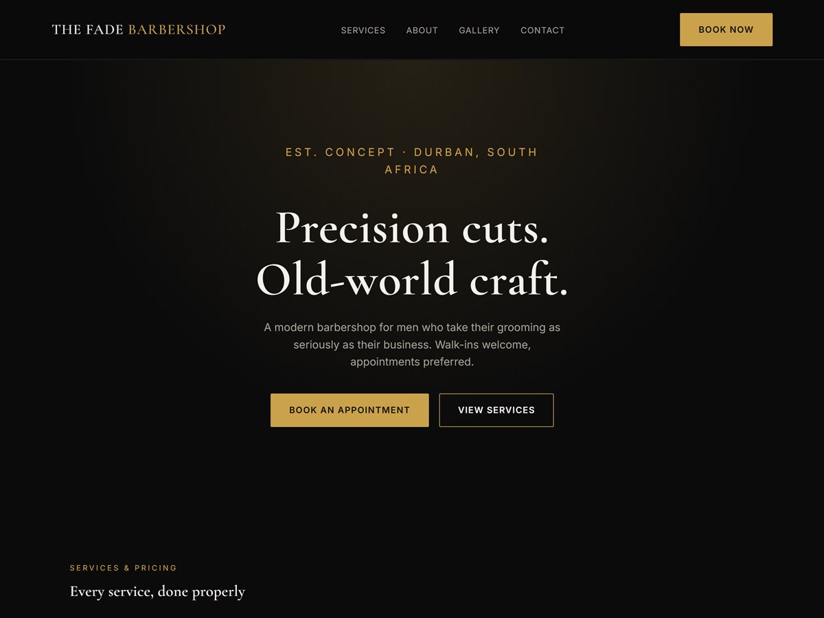 The Fade Barbershop homepage — dark, gold-accented barbershop website built by BluePeak Digital