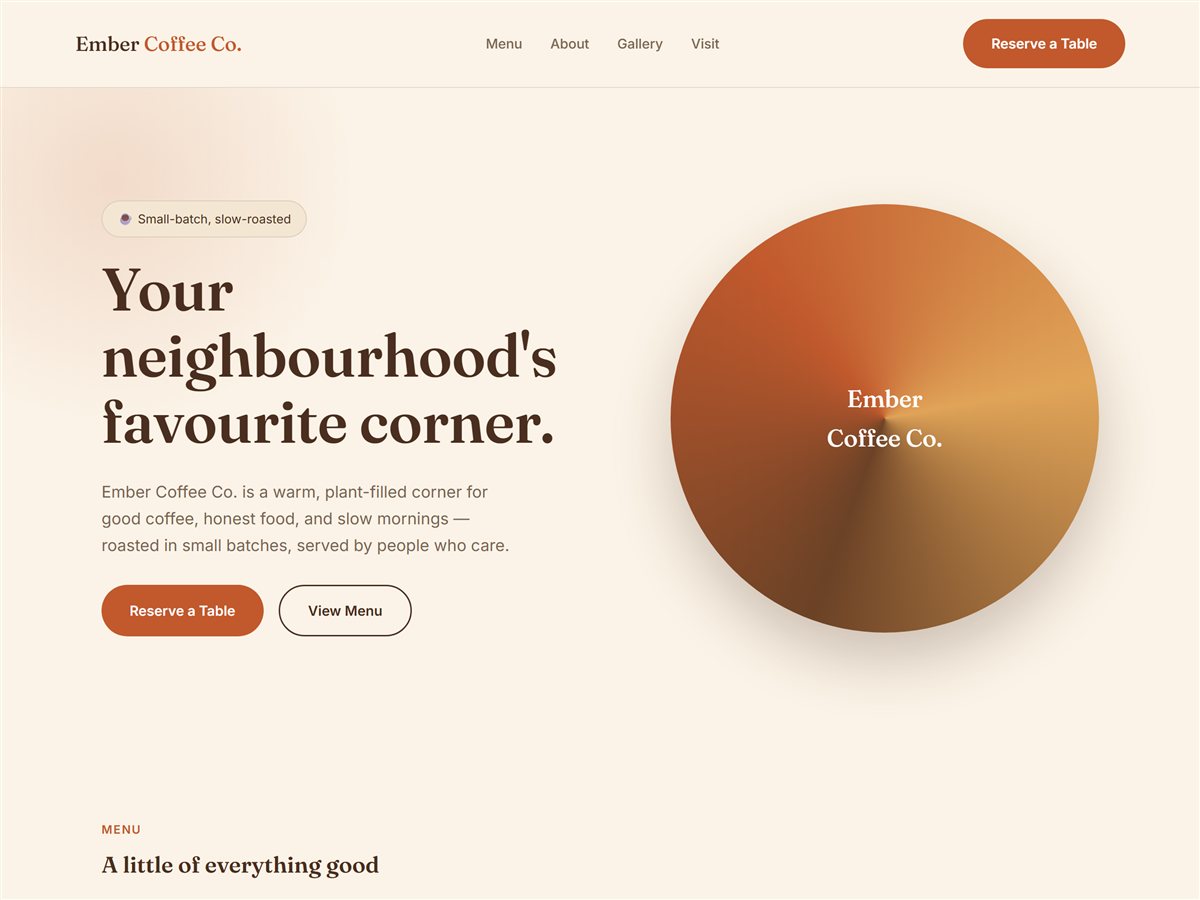 Ember Coffee Co. homepage — warm, cream and terracotta café website built by BluePeak Digital
