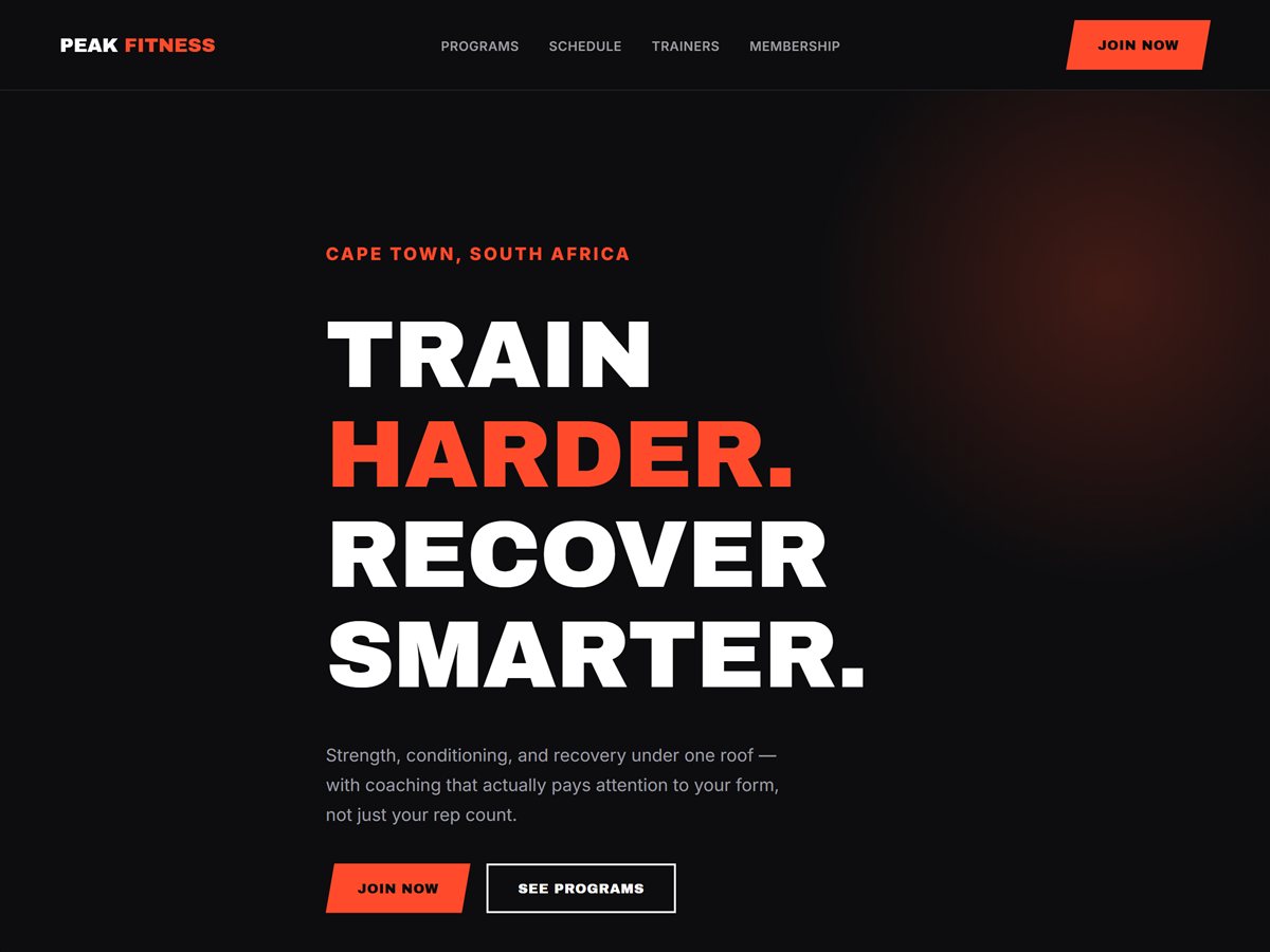 Peak Fitness Studio homepage — bold black and orange gym website built by BluePeak Digital